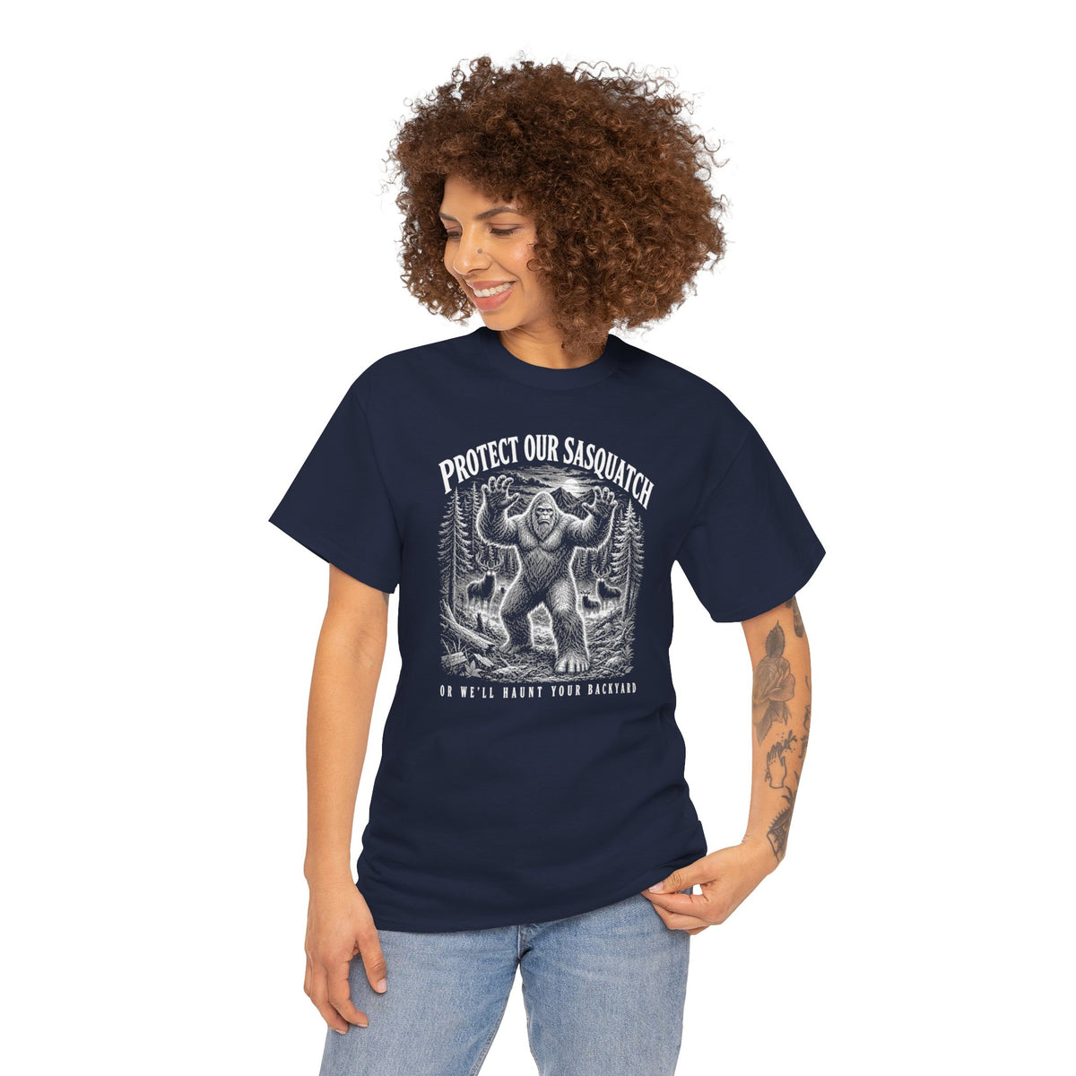 Protect Our Sasquatch T-Shirt - Woodcut Scratchboard Bigfoot Graphic Tee