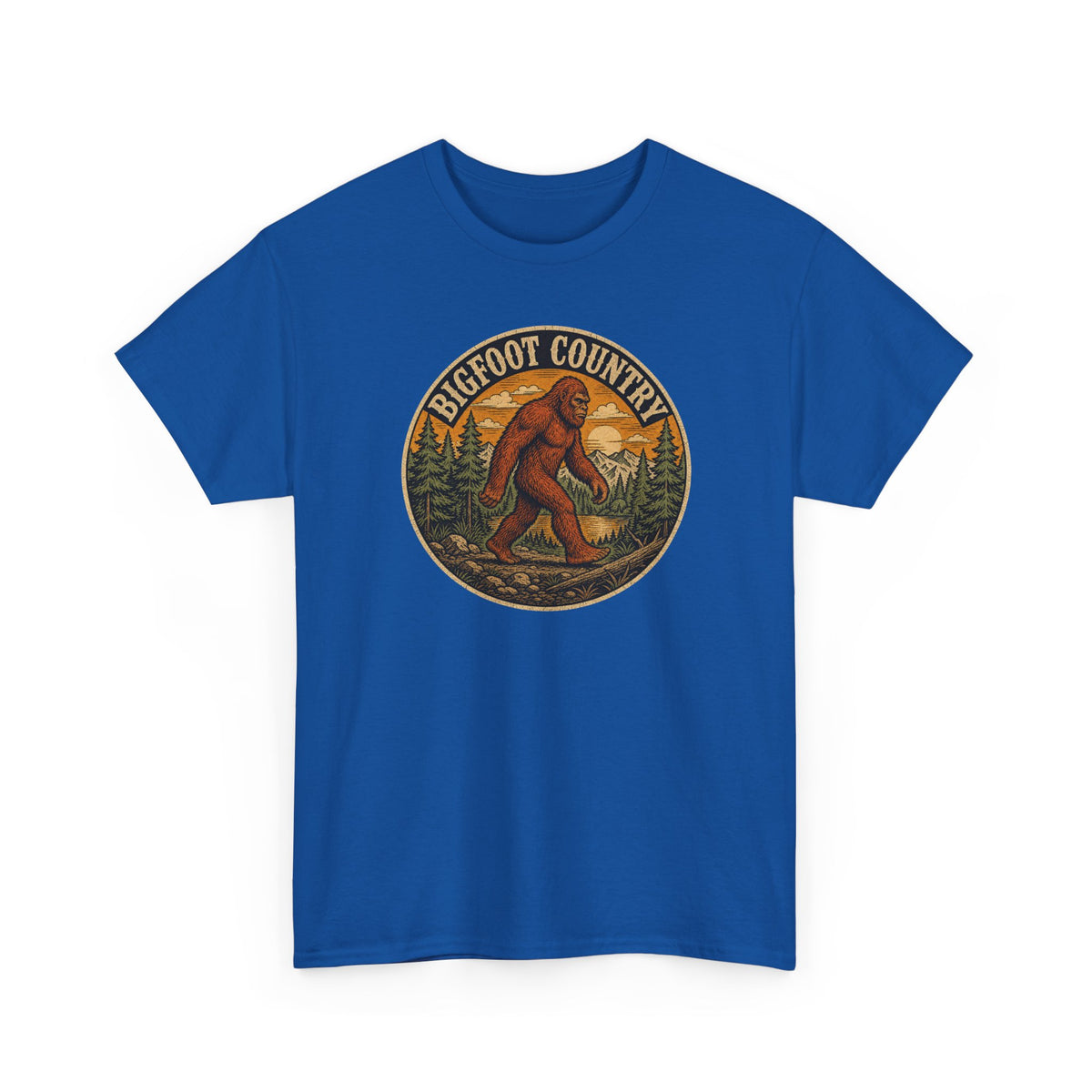 Bigfoot Country Vintage T-Shirt - Retro Sasquatch Forest Sunset Graphic Tee - Funny Cryptid Camper Gift