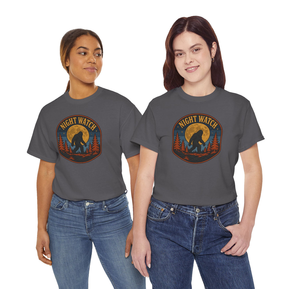 Sasquatch Night Watch T-Shirt - Retro Bigfoot Full Moon Badge Graphic Tee
