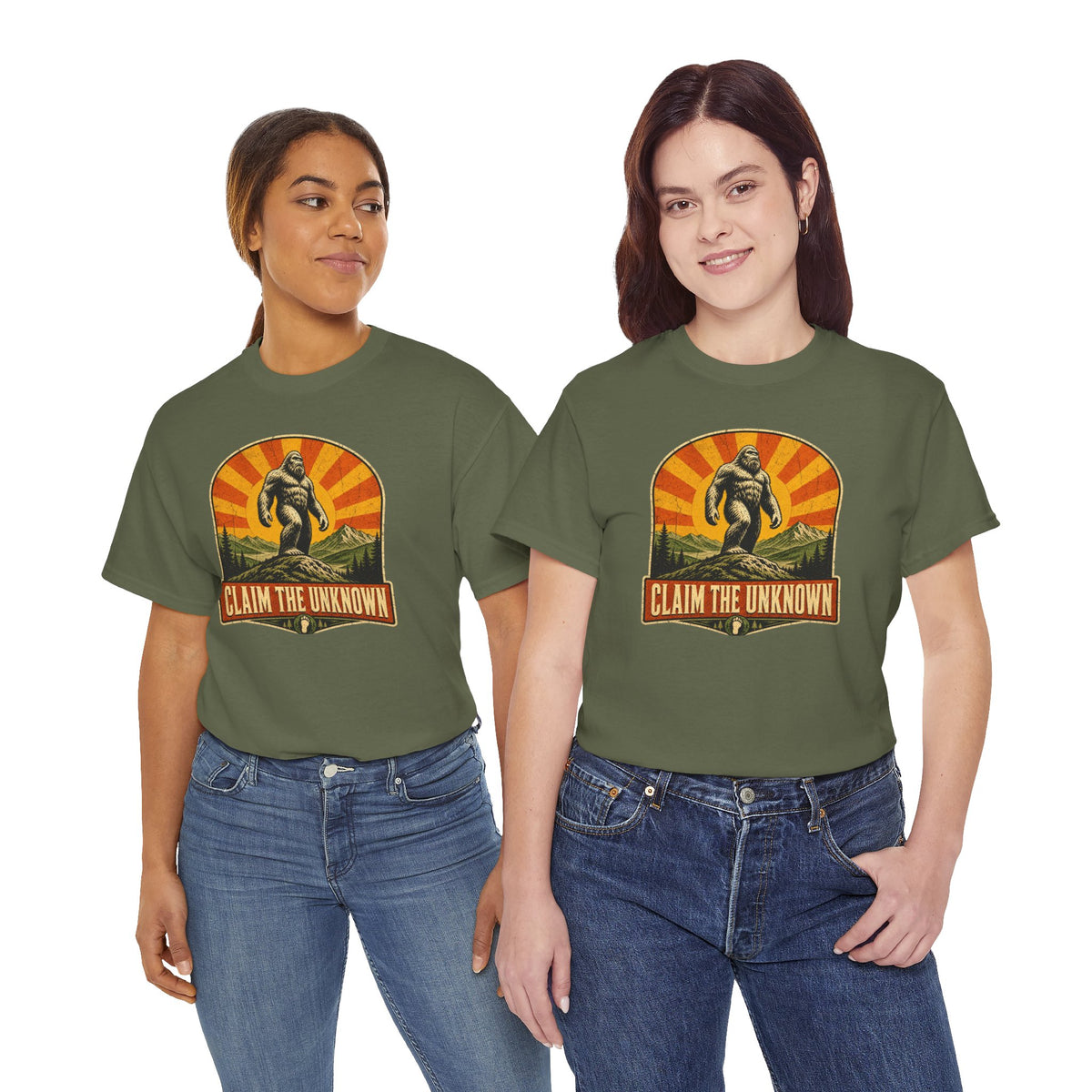 Claim The Unknown T-Shirt – Retro Bigfoot Sunburst Travel Poster Tee