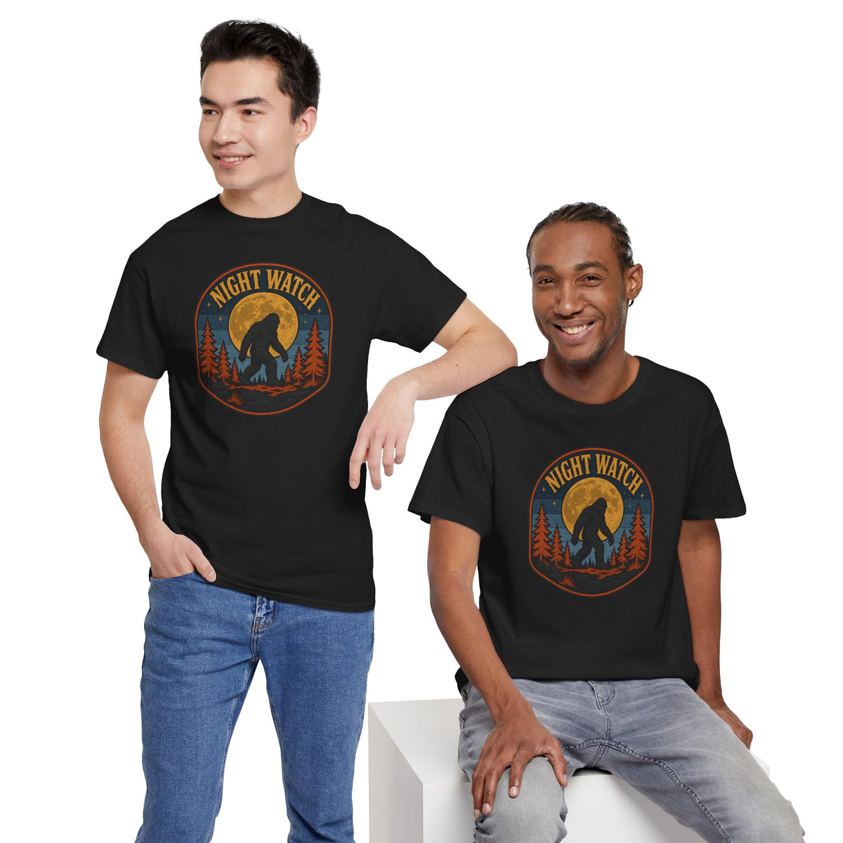 Sasquatch Night Watch T-Shirt - Retro Bigfoot Full Moon Badge Graphic Tee