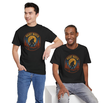 Sasquatch Night Watch T-Shirt - Retro Bigfoot Full Moon Badge Graphic Tee