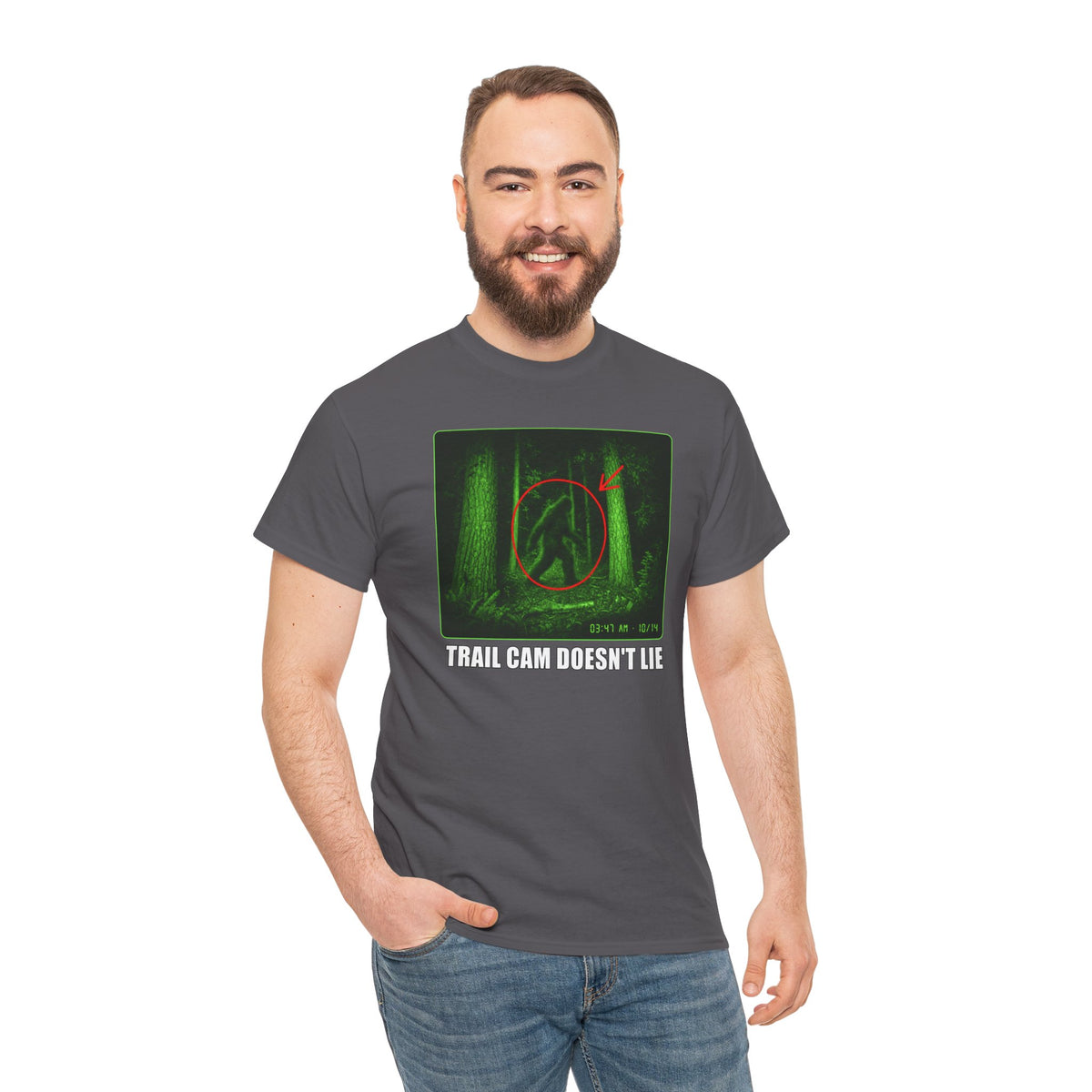 Trail Cam Doesn't Lie T-Shirt - Funny Night Vision Bigfoot Graphic Tee