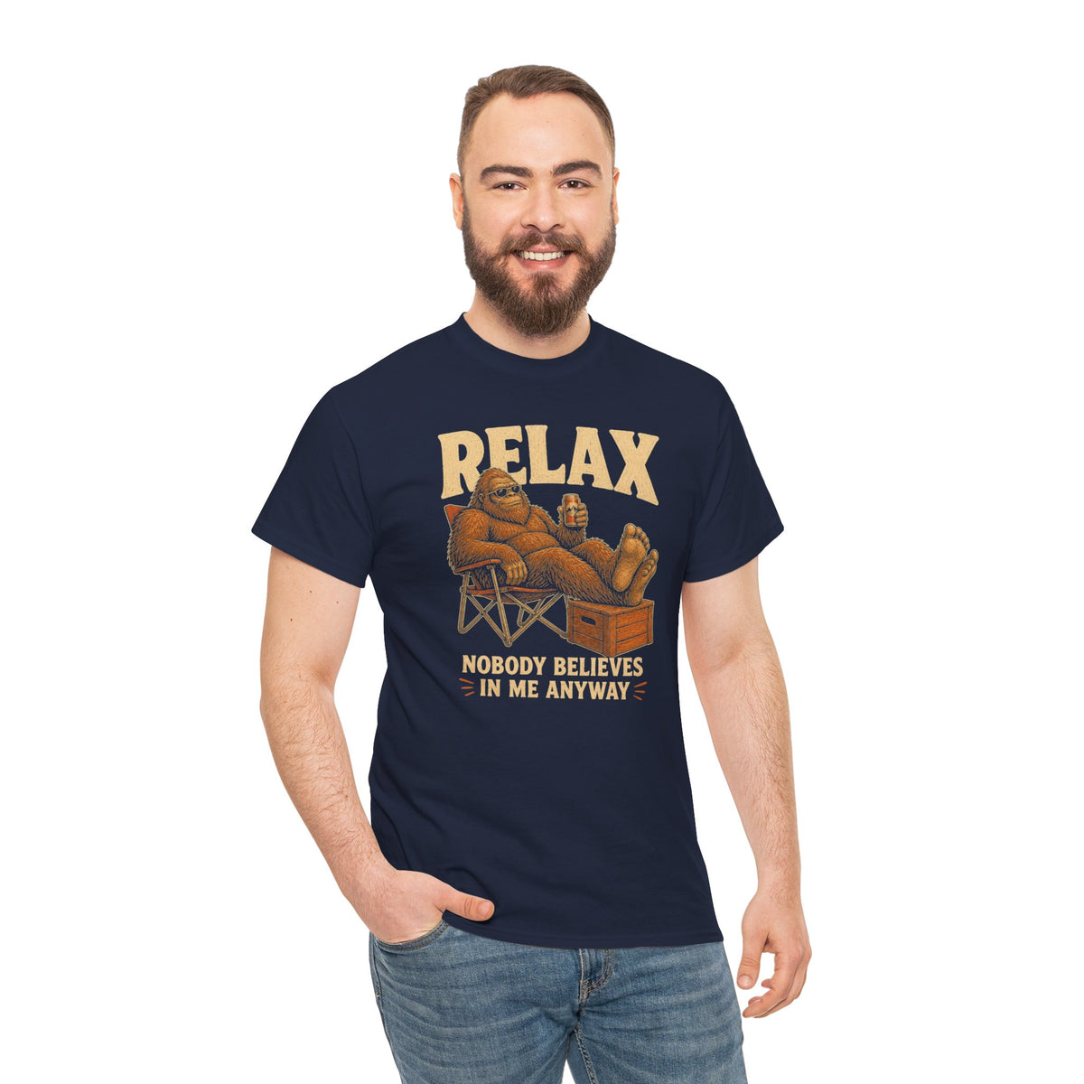 Relax Nobody Believes In Me T-Shirt - Funny Bigfoot Camp Chair Tee