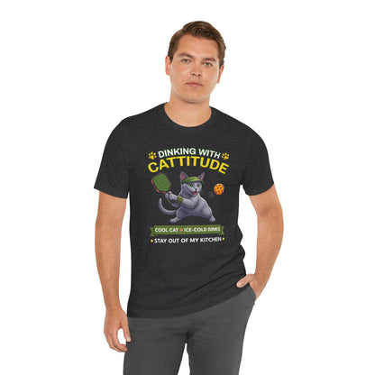 Russian Blue Cat Pickleball T-Shirt - Dinking With Cattitude Funny Shirt