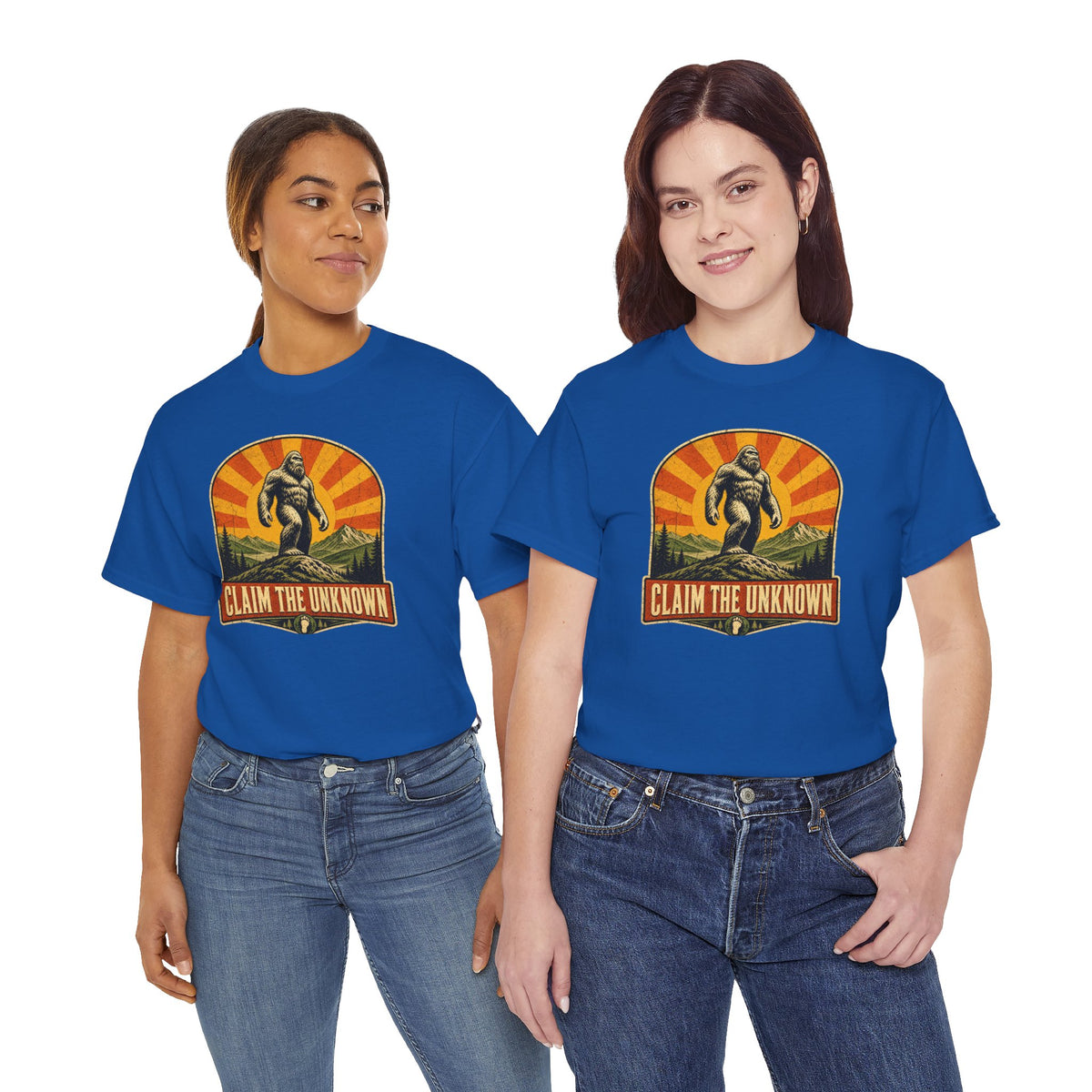 Claim The Unknown T-Shirt – Retro Bigfoot Sunburst Travel Poster Tee