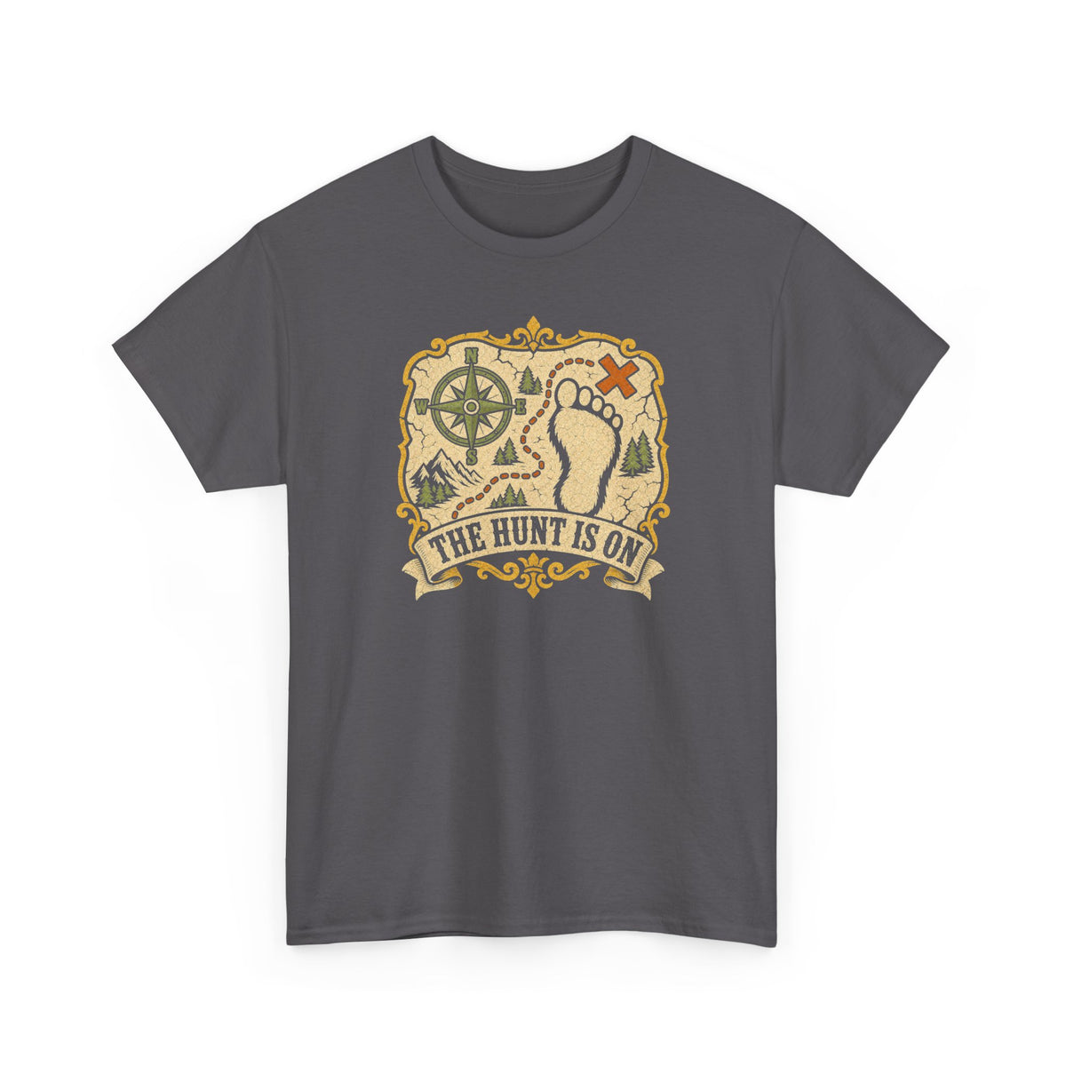 The Hunt Is On T-Shirt – Vintage Bigfoot Footprint Treasure Map Graphic Tee