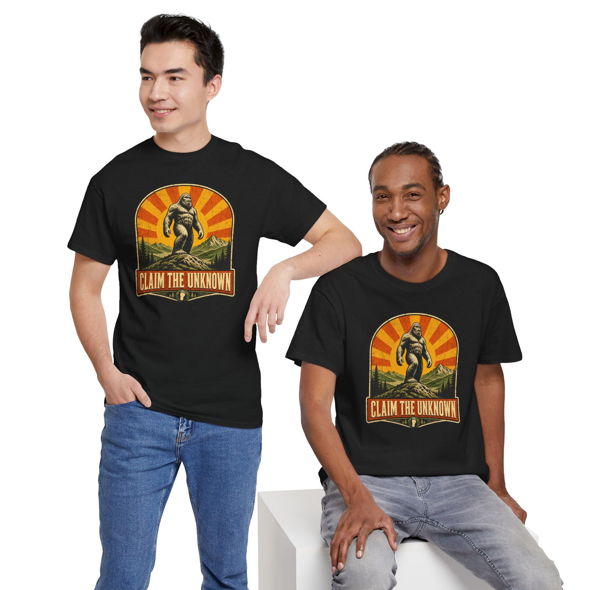 Claim The Unknown T-Shirt – Retro Bigfoot Sunburst Travel Poster Tee
