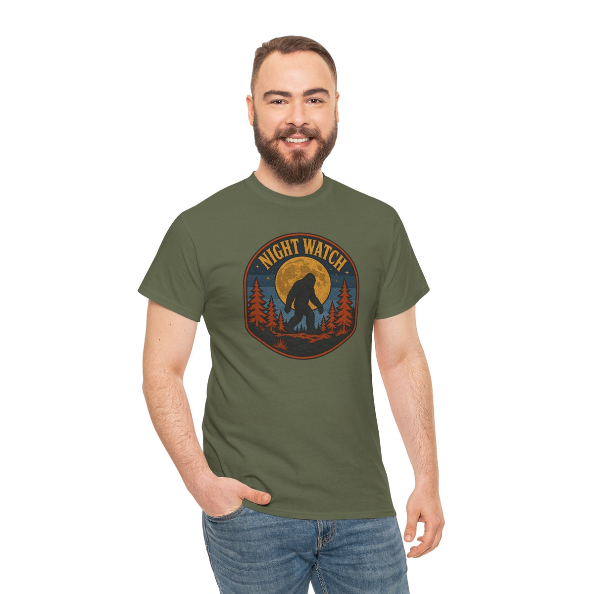 Sasquatch Night Watch T-Shirt - Retro Bigfoot Full Moon Badge Graphic Tee