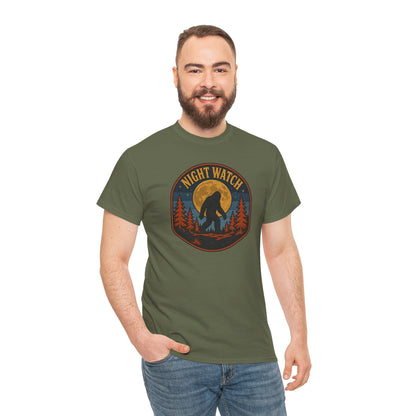 Sasquatch Night Watch T-Shirt - Retro Bigfoot Full Moon Badge Graphic Tee