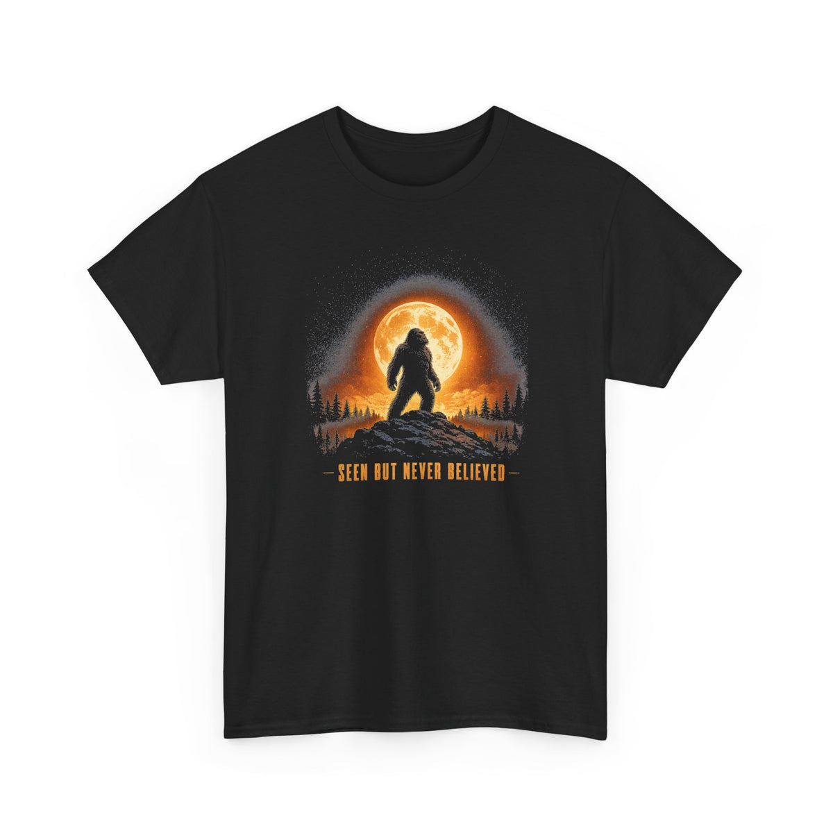Atmospheric silhouette of a Bigfoot standing majestically in front of a glowing full moon on a hilltop T-Shirt - Atmospheric Gradient Sky Graphic Tee