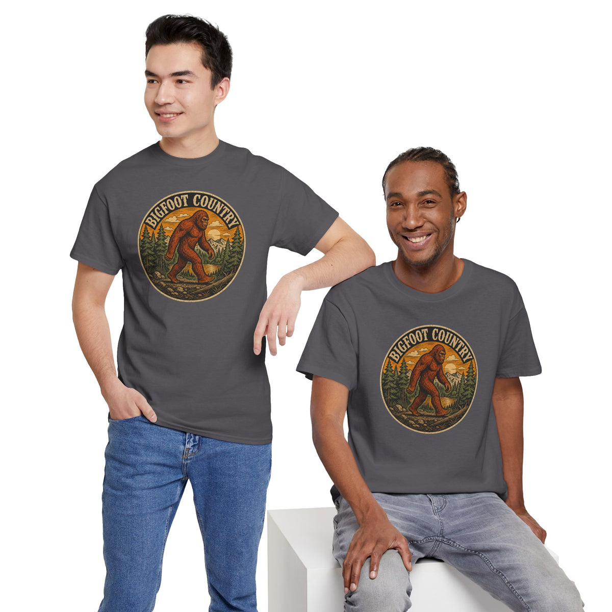 Bigfoot Country Vintage T-Shirt - Retro Sasquatch Forest Sunset Graphic Tee - Funny Cryptid Camper Gift