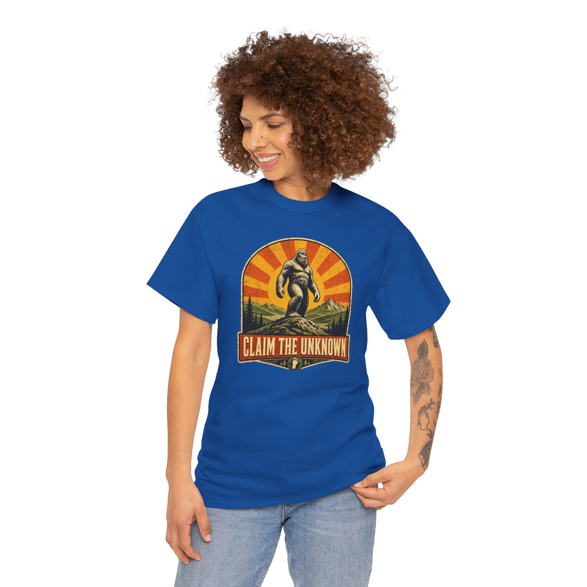 Claim The Unknown T-Shirt – Retro Bigfoot Sunburst Travel Poster Tee