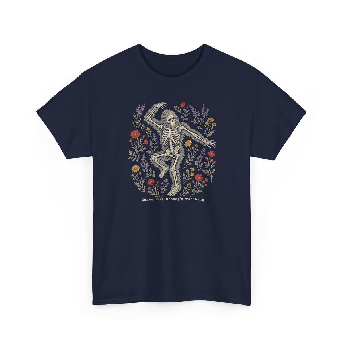 Dancing Bigfoot Skeleton T-Shirt - Whimsical Wildflower Graphic Tee