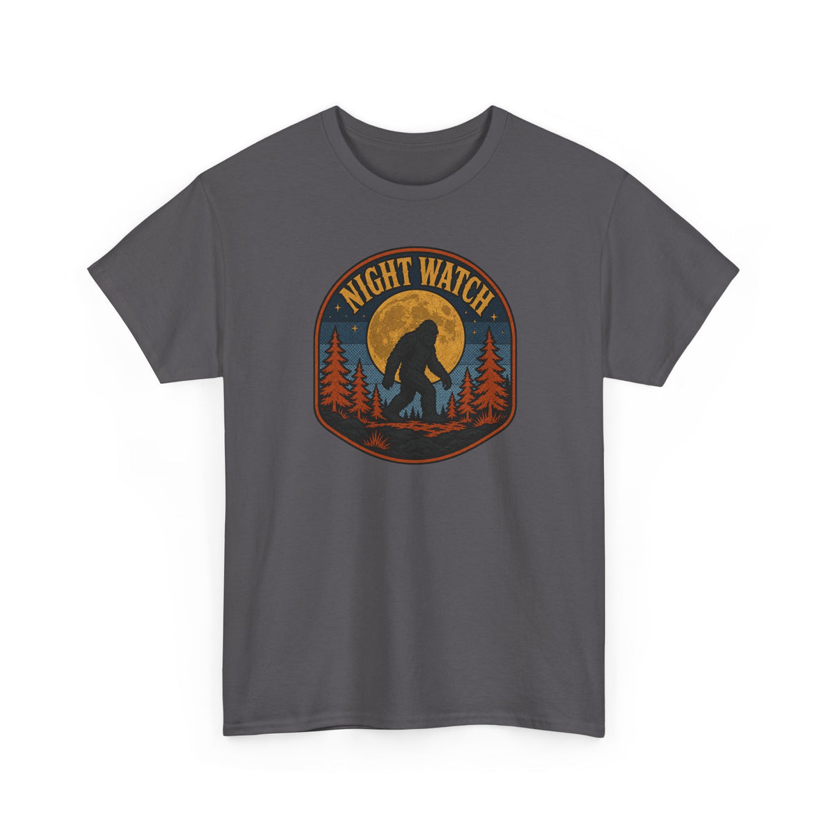 Sasquatch Night Watch T-Shirt - Retro Bigfoot Full Moon Badge Graphic Tee