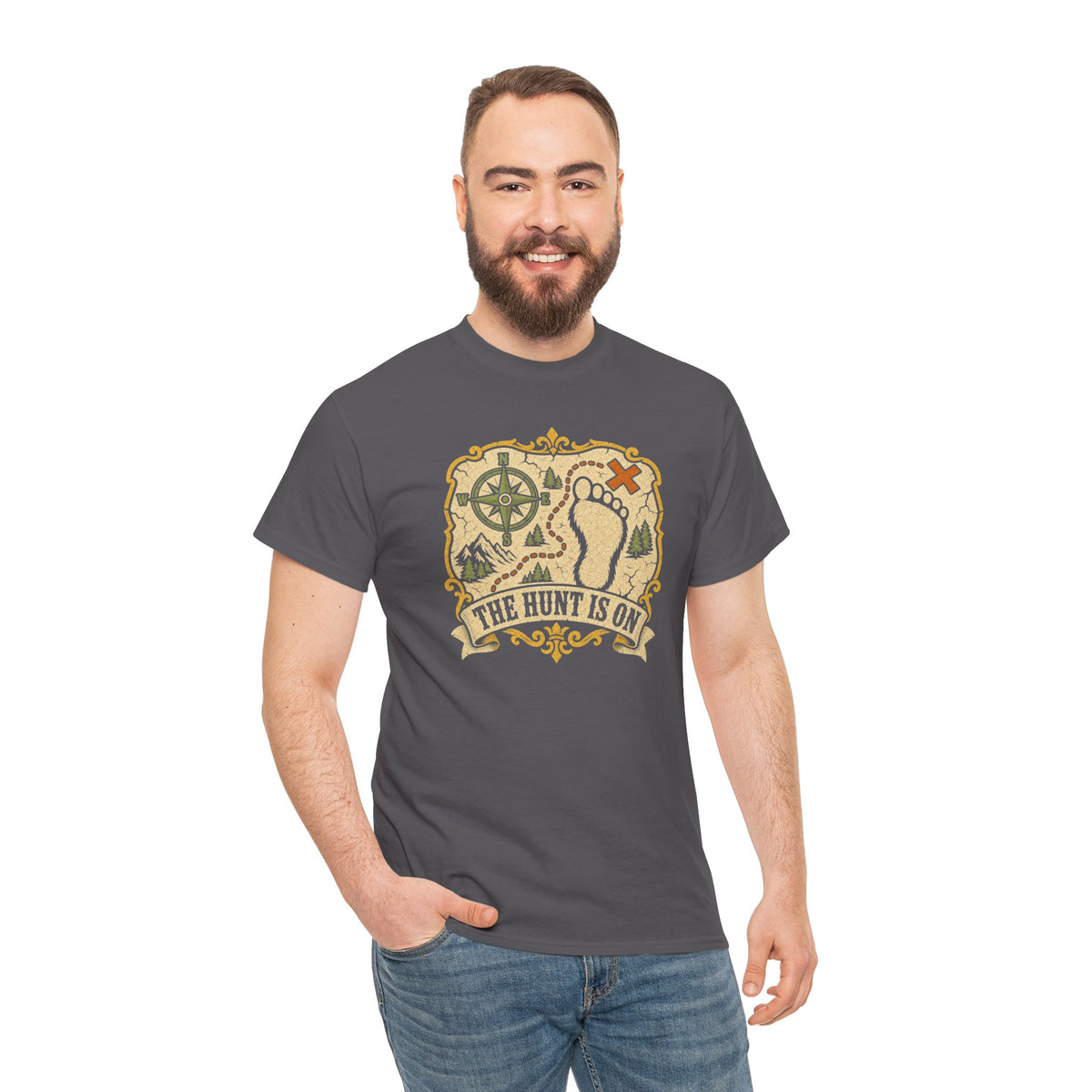 The Hunt Is On T-Shirt – Vintage Bigfoot Footprint Treasure Map Graphic Tee