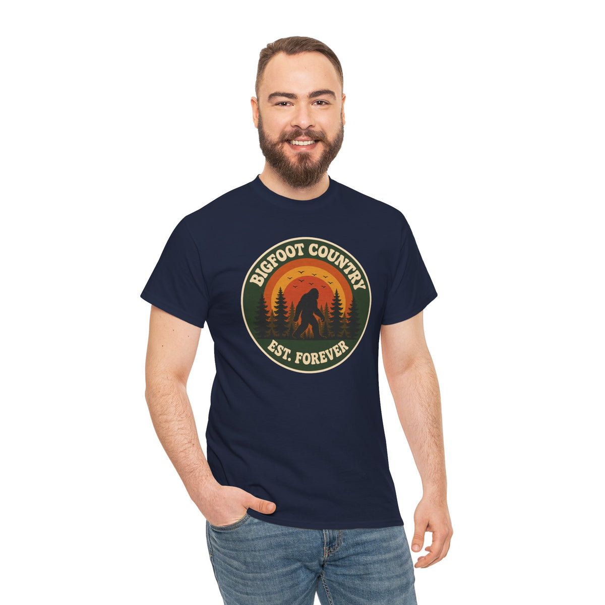 Bigfoot Country Sunset Badge T-Shirt - Retro Circular Graphic Tee