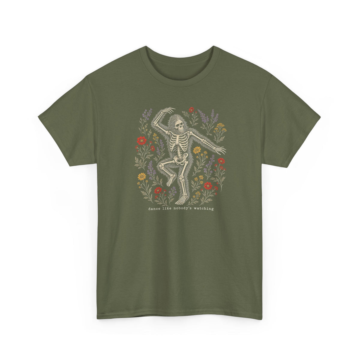 Dancing Bigfoot Skeleton T-Shirt - Whimsical Wildflower Graphic Tee