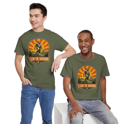 Claim The Unknown T-Shirt – Retro Bigfoot Sunburst Travel Poster Tee
