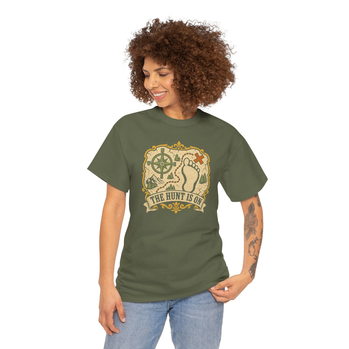 The Hunt Is On T-Shirt – Vintage Bigfoot Footprint Treasure Map Graphic Tee