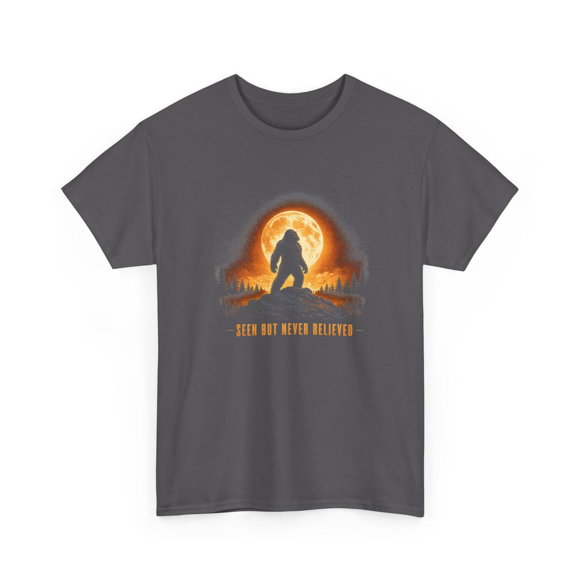 Atmospheric silhouette of a Bigfoot standing majestically in front of a glowing full moon on a hilltop T-Shirt - Atmospheric Gradient Sky Graphic Tee