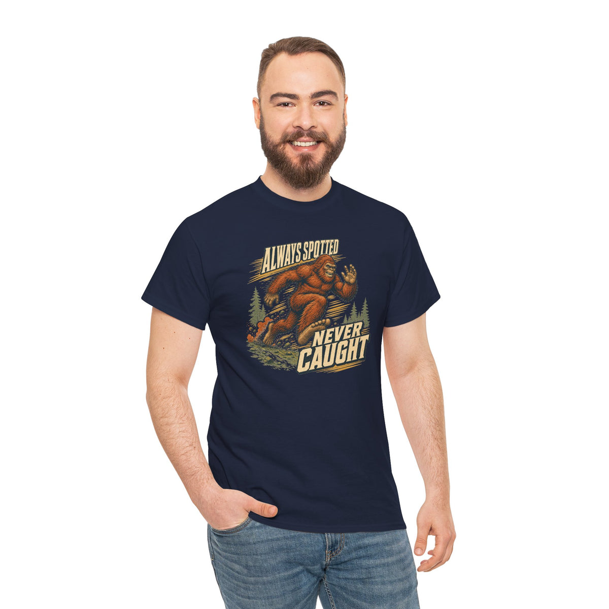 Always Spotted Never Caught T-Shirt - Funny Bigfoot Running Graphic Tee