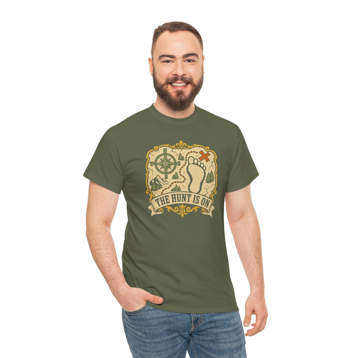 The Hunt Is On T-Shirt – Vintage Bigfoot Footprint Treasure Map Graphic Tee