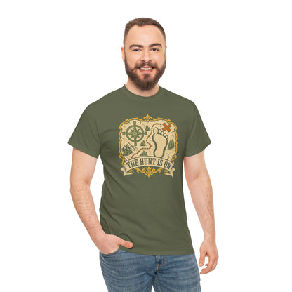 The Hunt Is On T-Shirt – Vintage Bigfoot Footprint Treasure Map Graphic Tee