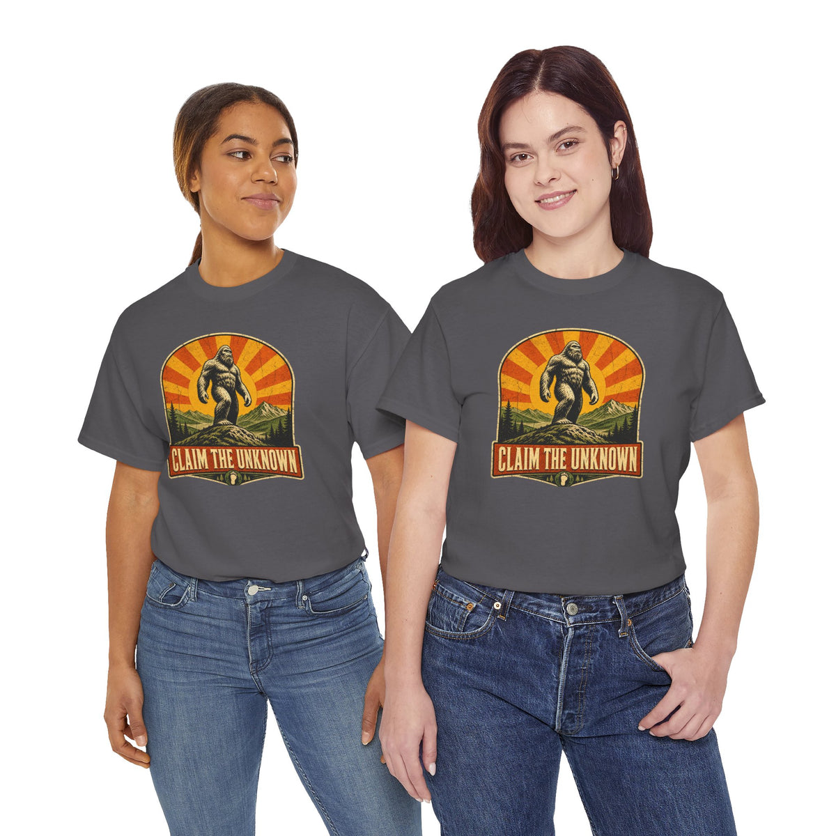 Claim The Unknown T-Shirt – Retro Bigfoot Sunburst Travel Poster Tee