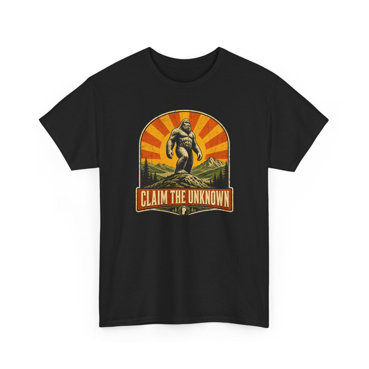 Claim The Unknown T-Shirt – Retro Bigfoot Sunburst Travel Poster Tee