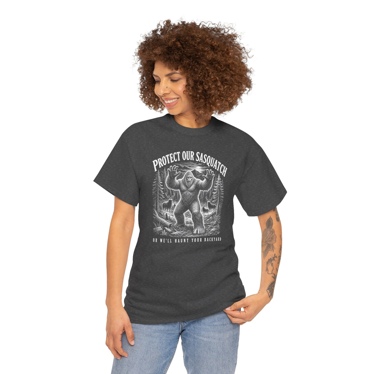 Protect Our Sasquatch T-Shirt - Woodcut Scratchboard Bigfoot Graphic Tee