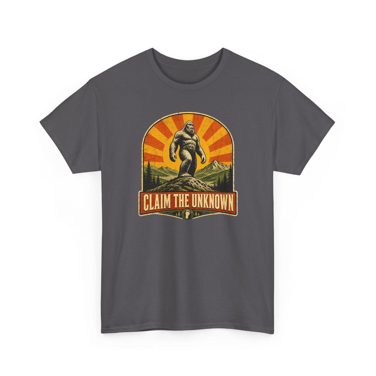 Claim The Unknown T-Shirt – Retro Bigfoot Sunburst Travel Poster Tee
