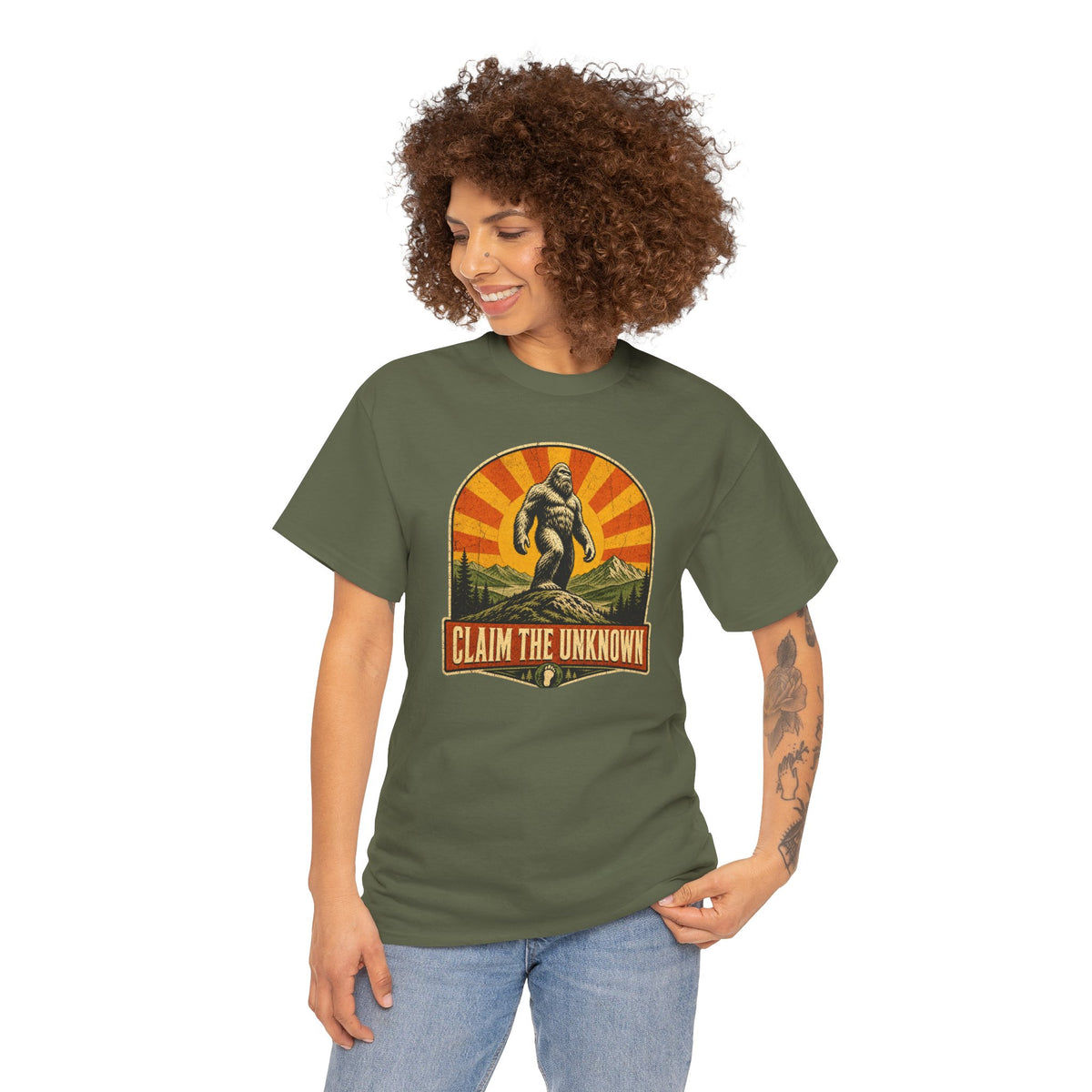 Claim The Unknown T-Shirt – Retro Bigfoot Sunburst Travel Poster Tee