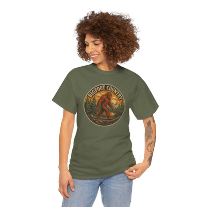 Bigfoot Country Vintage T-Shirt - Retro Sasquatch Forest Sunset Graphic Tee - Funny Cryptid Camper Gift