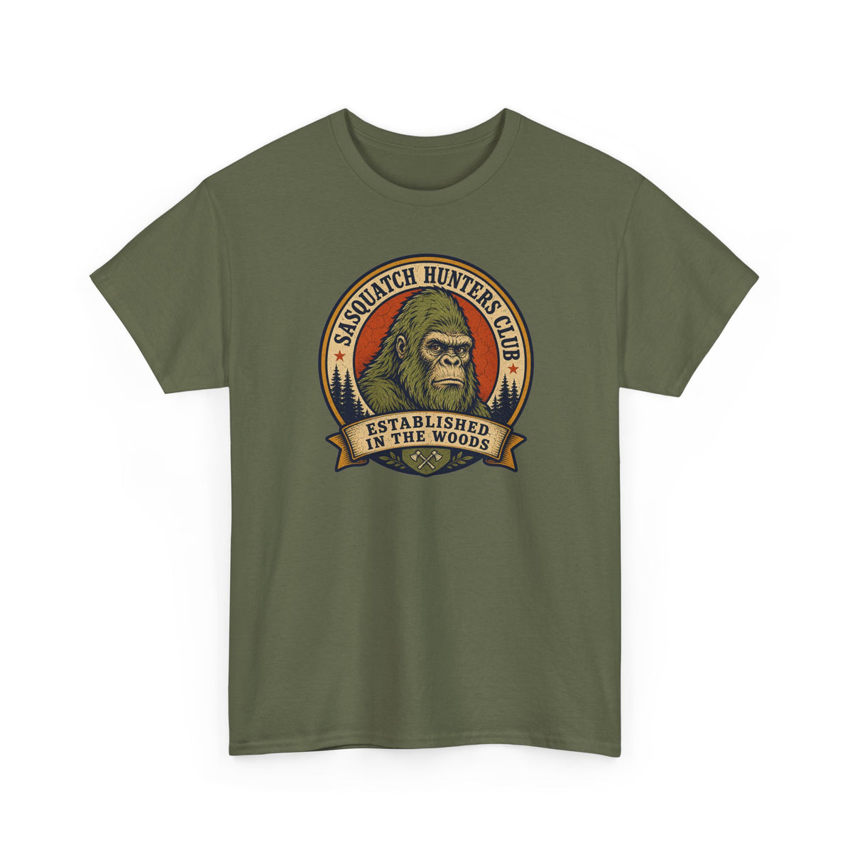 Sasquatch Hunters Club T-Shirt – Retro Bigfoot Emblem Badge Graphic Tee