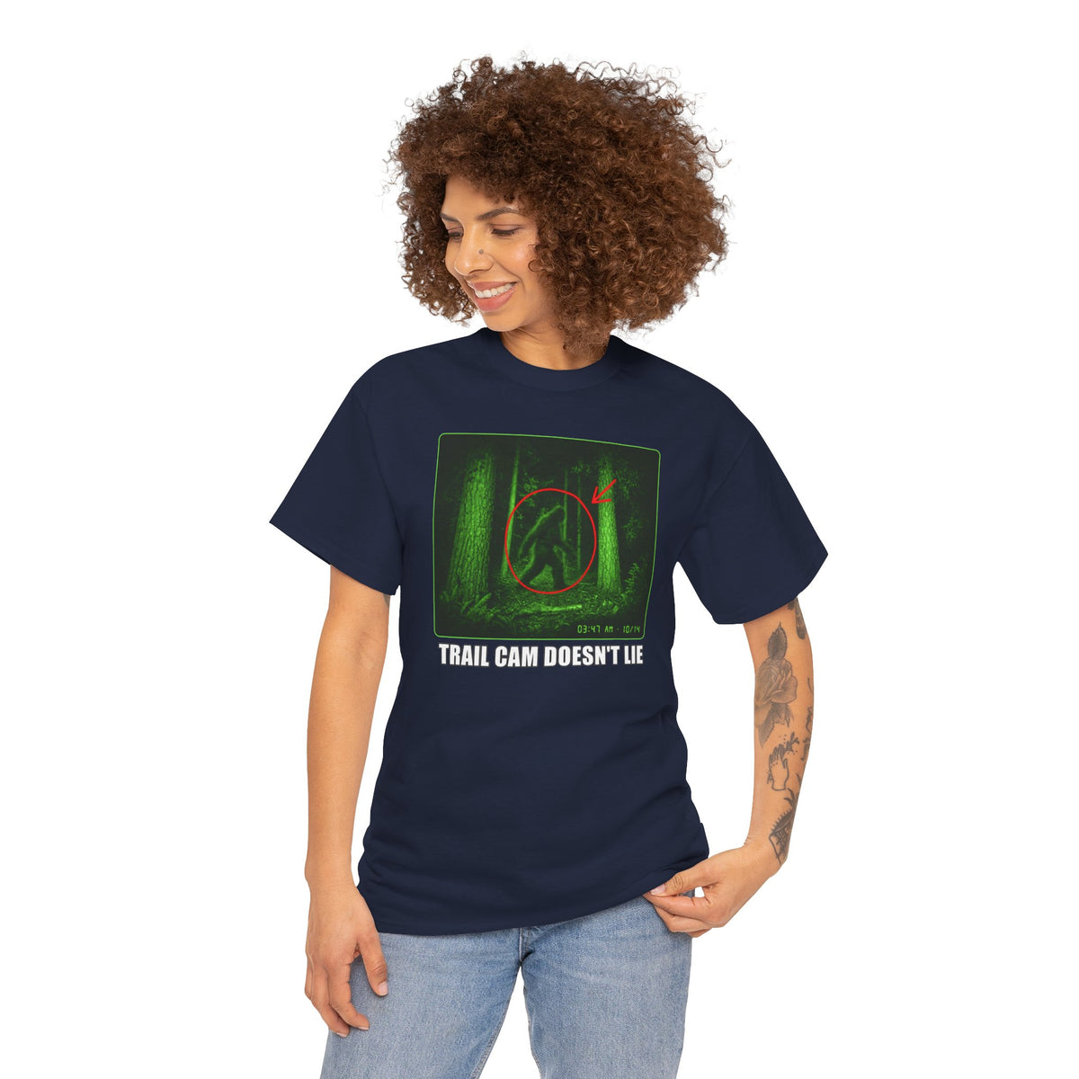 Trail Cam Doesn't Lie T-Shirt - Funny Night Vision Bigfoot Graphic Tee