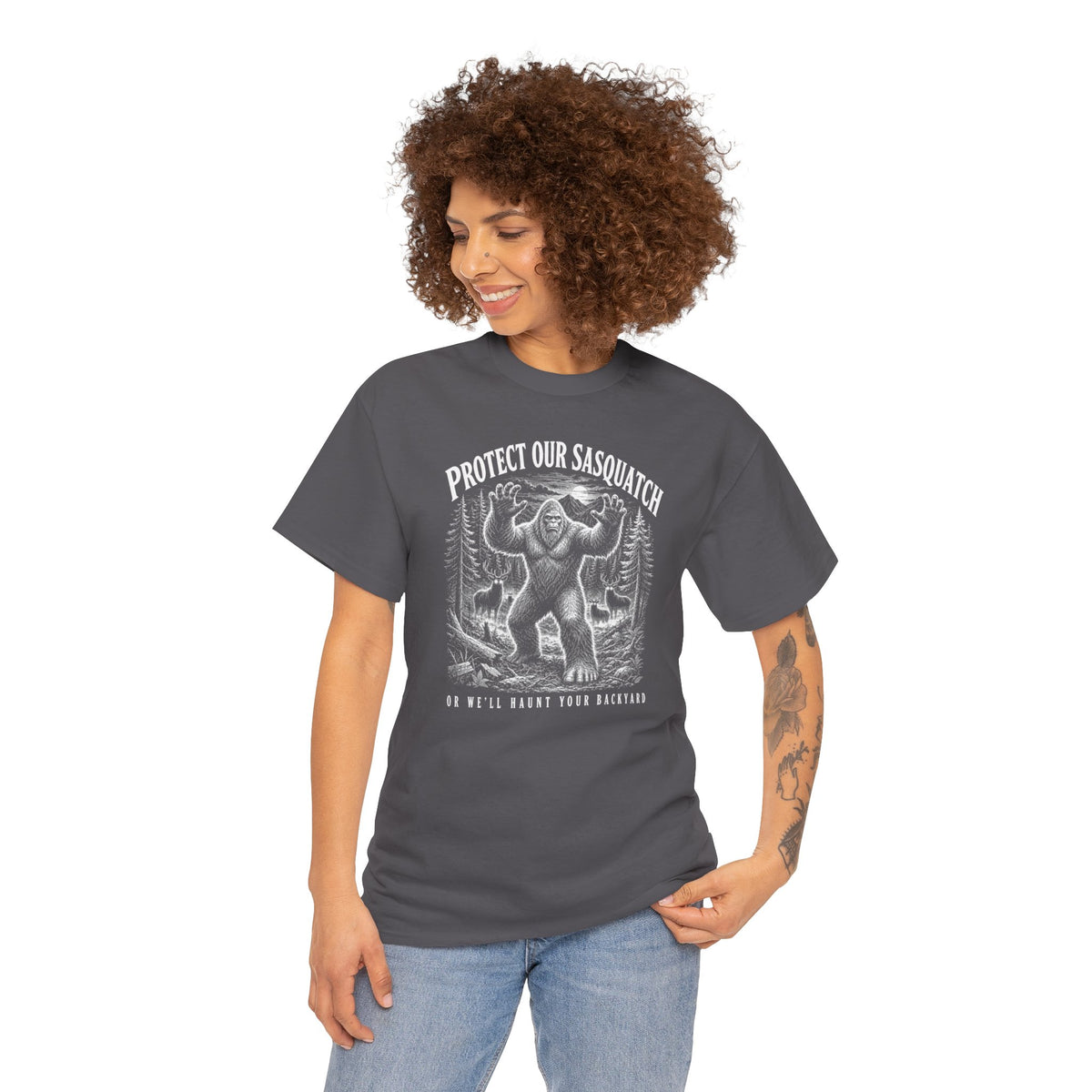 Protect Our Sasquatch T-Shirt - Woodcut Scratchboard Bigfoot Graphic Tee