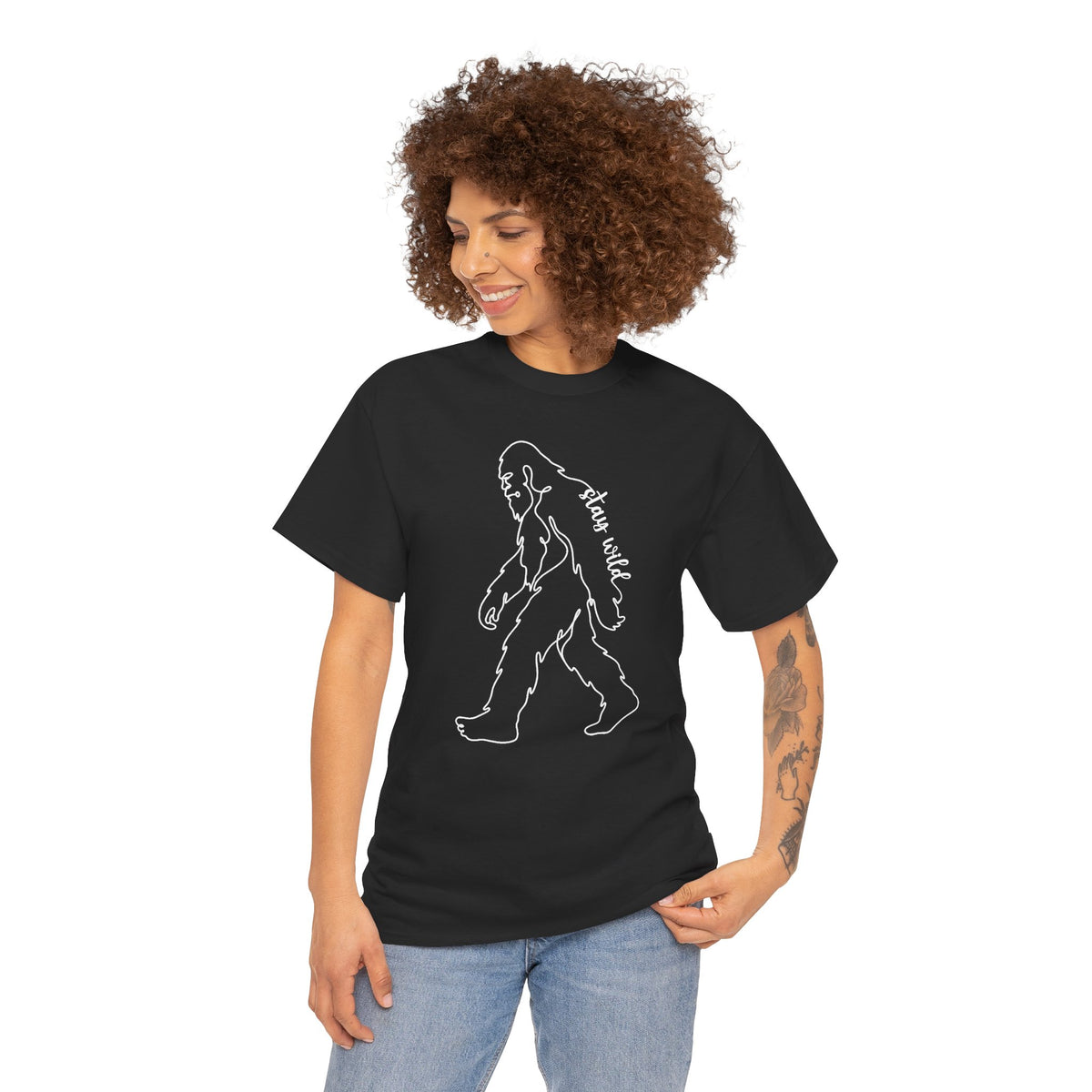 Minimalist Bigfoot Line Art T-Shirt - Stay Wild Boho Graphic Tee