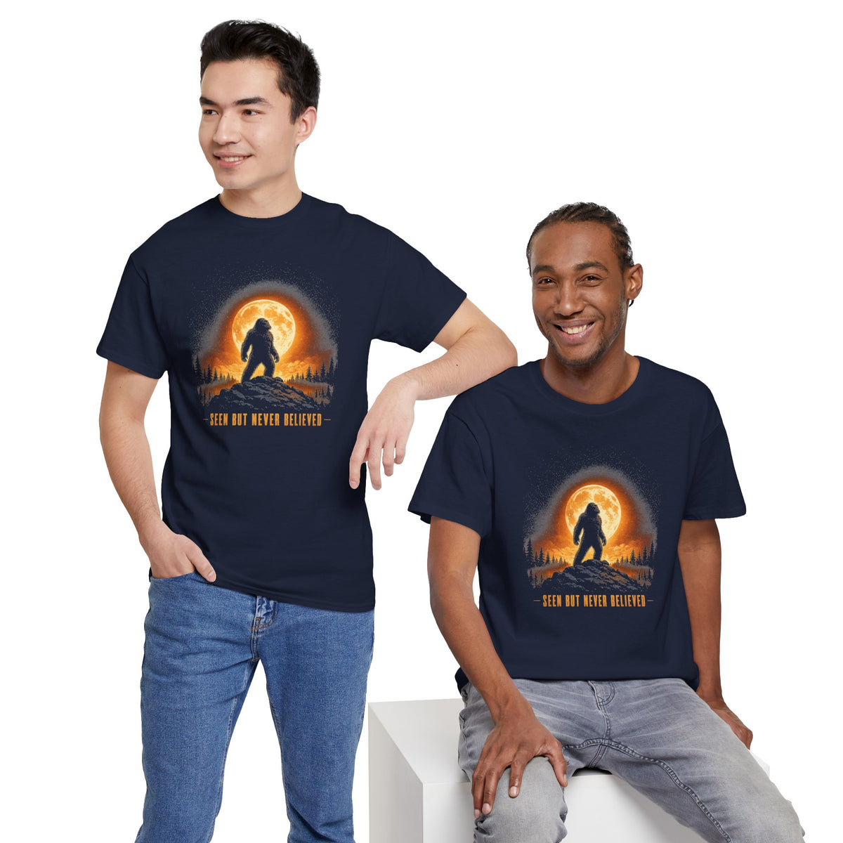 Atmospheric silhouette of a Bigfoot standing majestically in front of a glowing full moon on a hilltop T-Shirt - Atmospheric Gradient Sky Graphic Tee