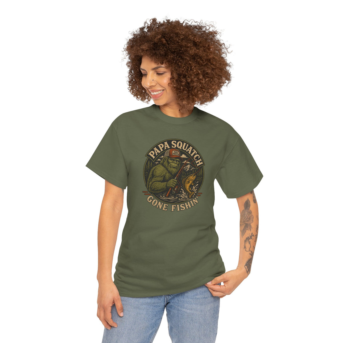 Papa Squatch Gone Fishin' T-Shirt - Funny Bigfoot Fishing Dad Tee