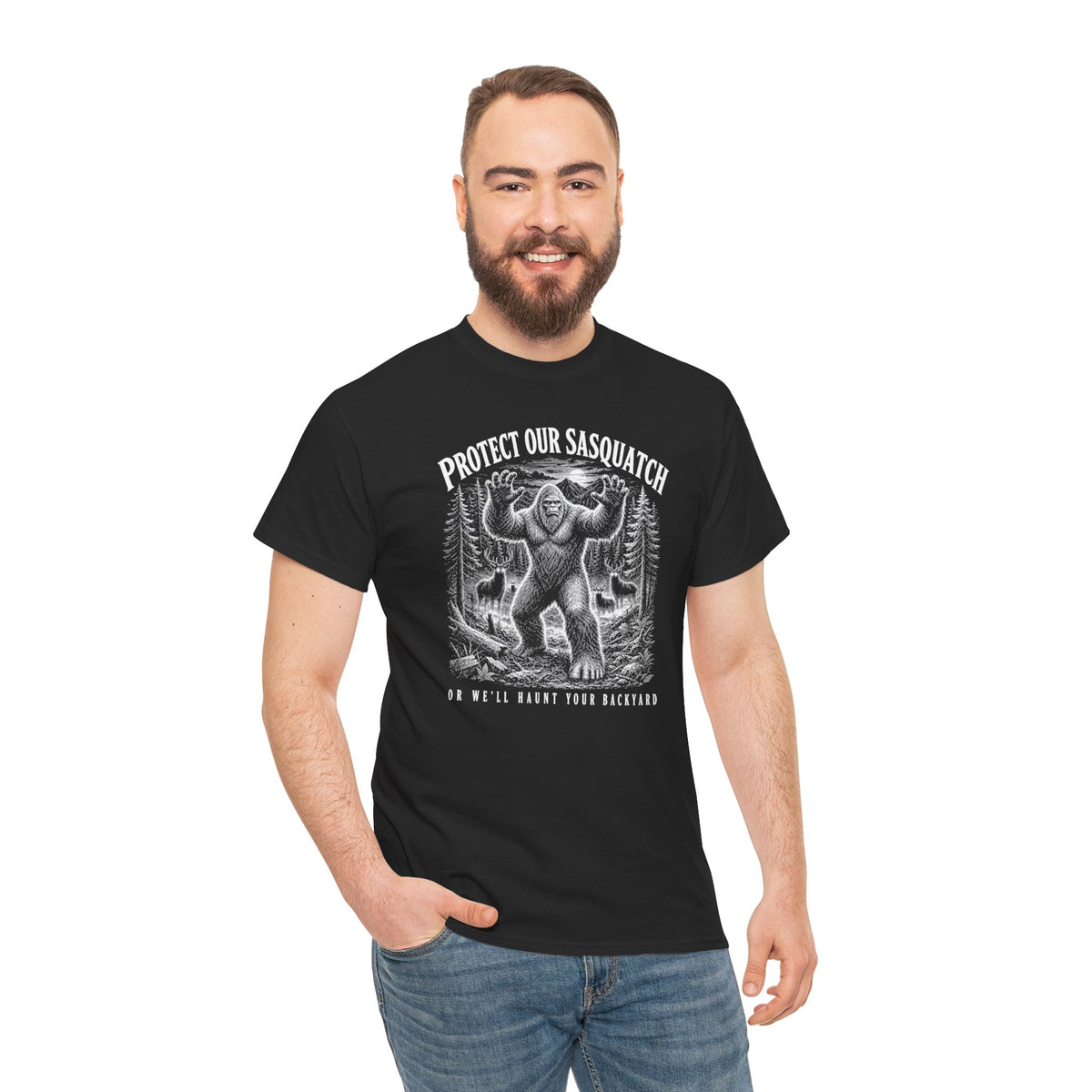 Protect Our Sasquatch T-Shirt - Woodcut Scratchboard Bigfoot Graphic Tee