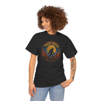 Sasquatch Night Watch T-Shirt - Retro Bigfoot Full Moon Badge Graphic Tee