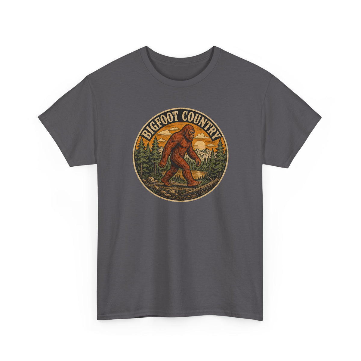 Bigfoot Country Vintage T-Shirt - Retro Sasquatch Forest Sunset Graphic Tee - Funny Cryptid Camper Gift