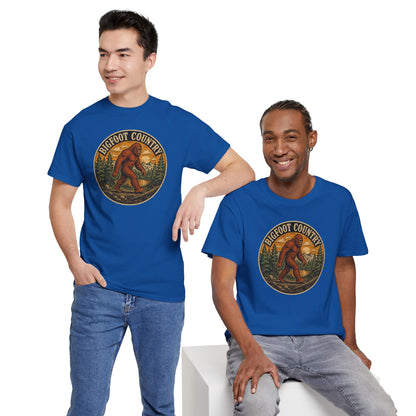 Bigfoot Country Vintage T-Shirt - Retro Sasquatch Forest Sunset Graphic Tee - Funny Cryptid Camper Gift
