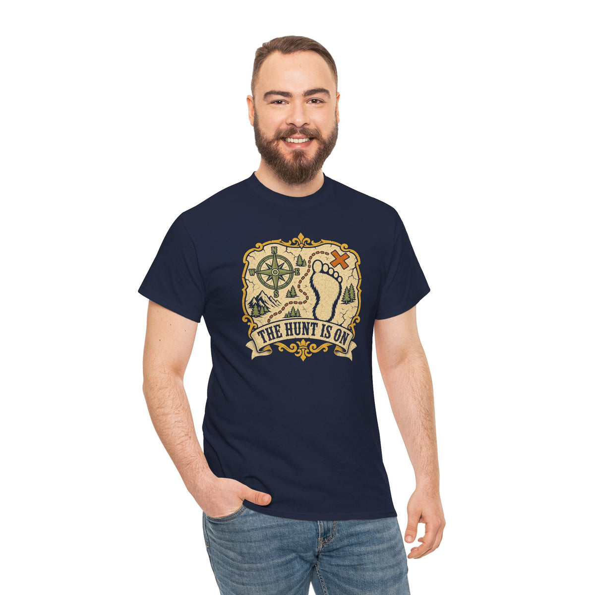 The Hunt Is On T-Shirt – Vintage Bigfoot Footprint Treasure Map Graphic Tee