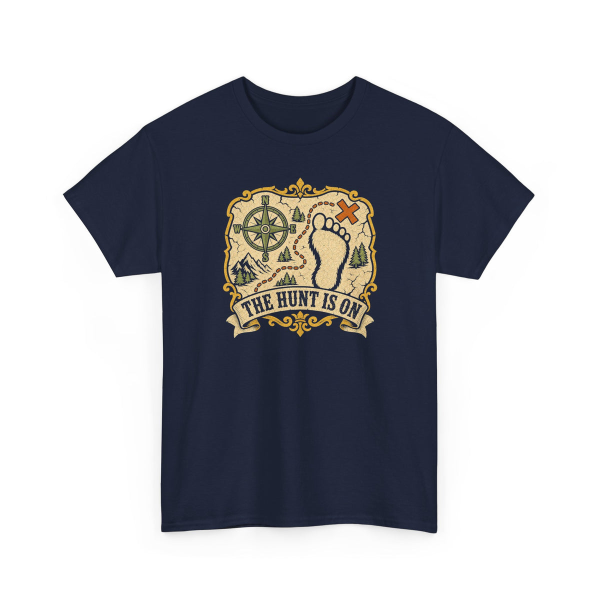 The Hunt Is On T-Shirt – Vintage Bigfoot Footprint Treasure Map Graphic Tee