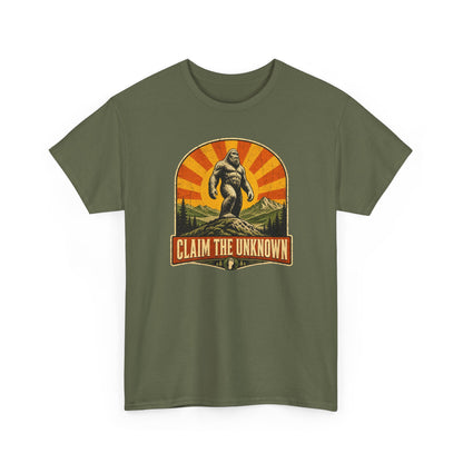 Claim The Unknown T-Shirt – Retro Bigfoot Sunburst Travel Poster Tee