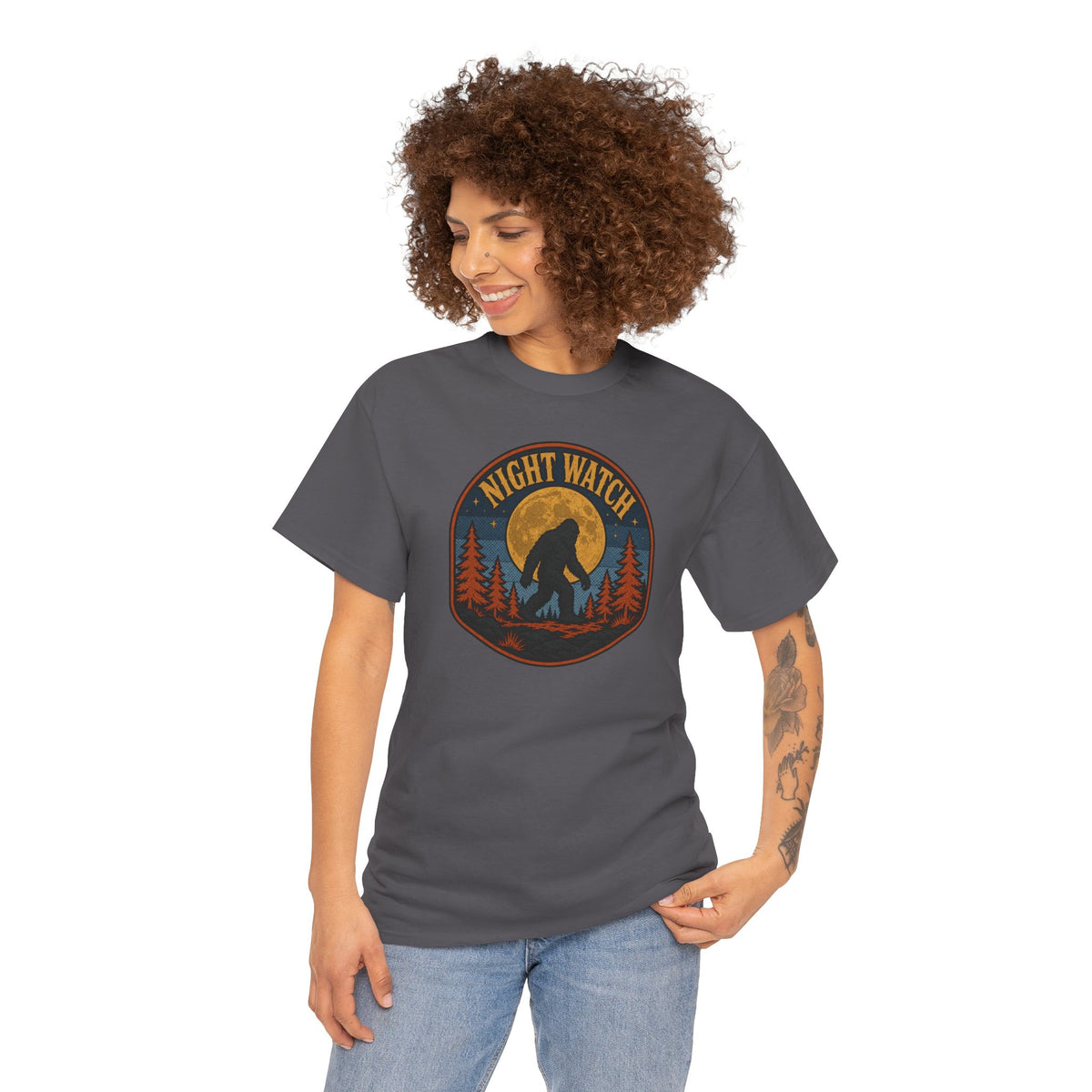 Sasquatch Night Watch T-Shirt - Retro Bigfoot Full Moon Badge Graphic Tee