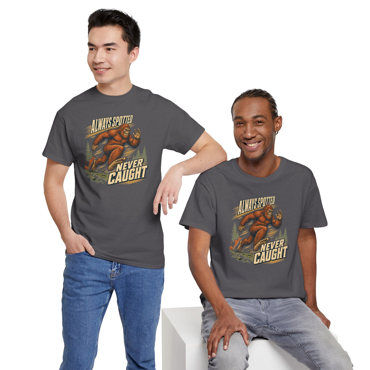 Always Spotted Never Caught T-Shirt - Funny Bigfoot Running Graphic Tee