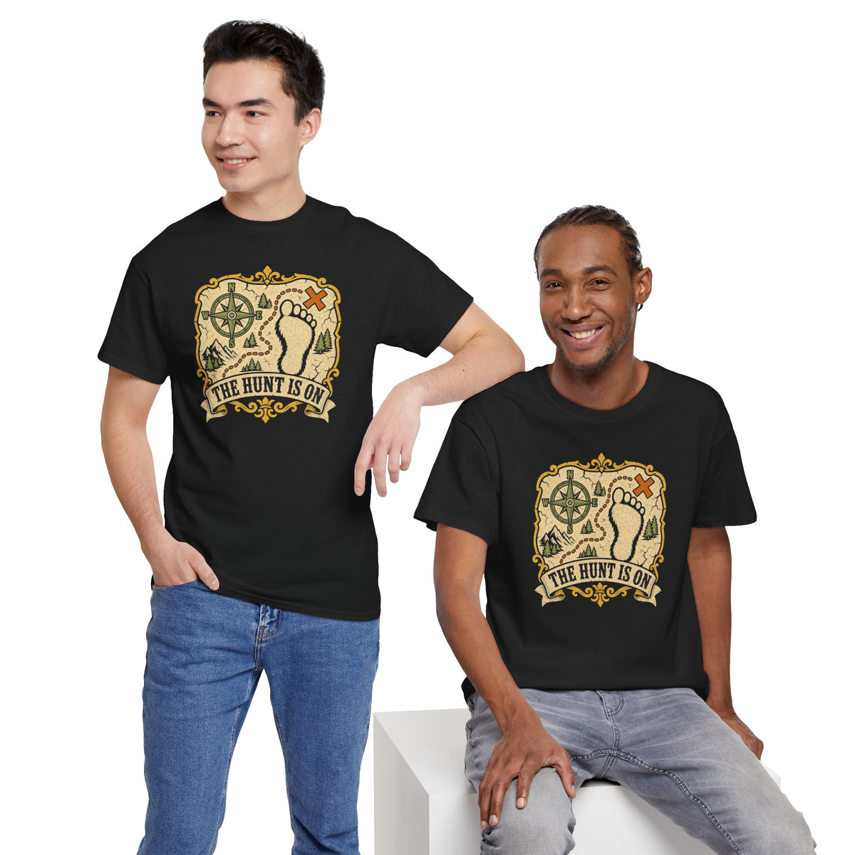 The Hunt Is On T-Shirt – Vintage Bigfoot Footprint Treasure Map Graphic Tee